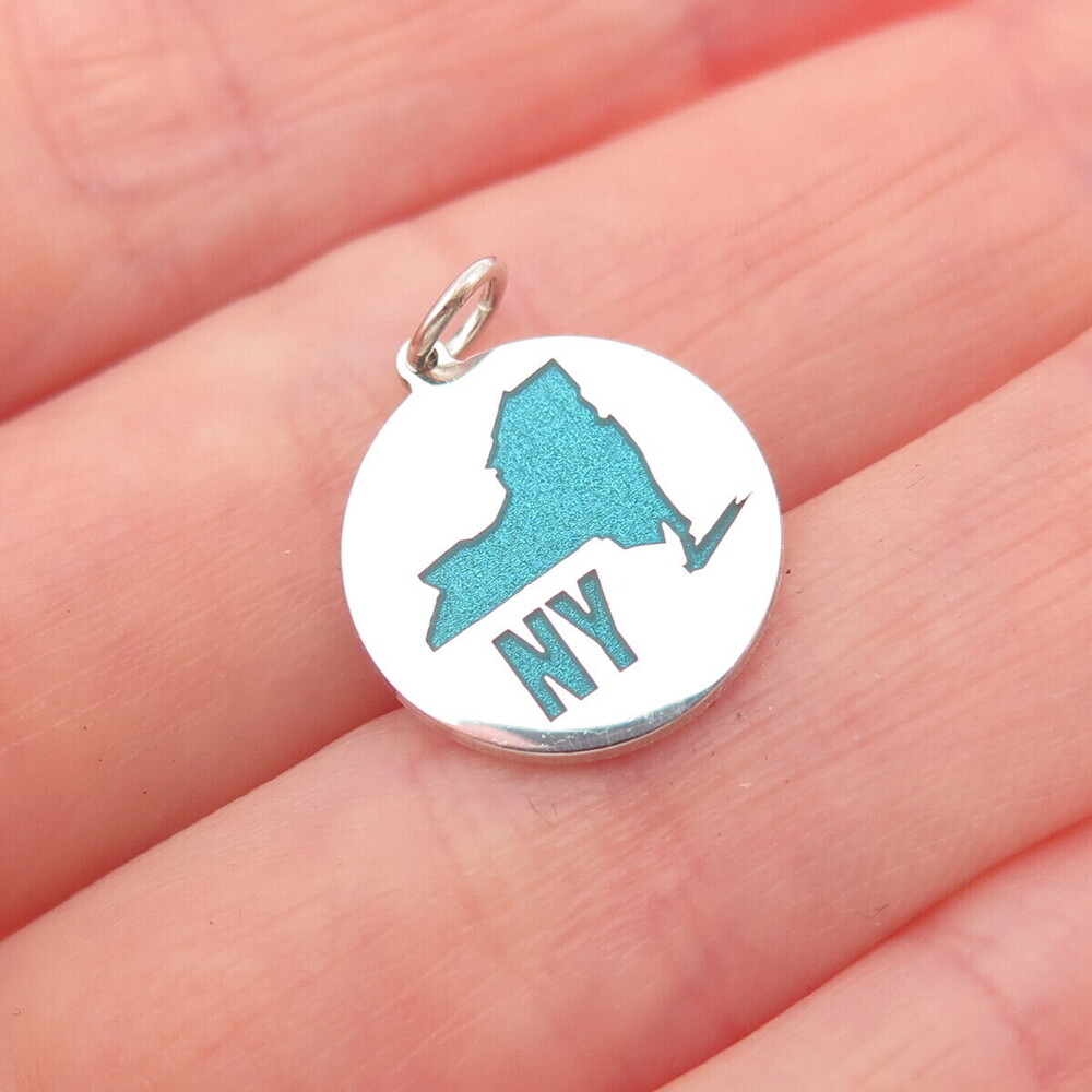 925 Sterling Silver Turquoise Enamel NY State Map Mini Charm Pendant